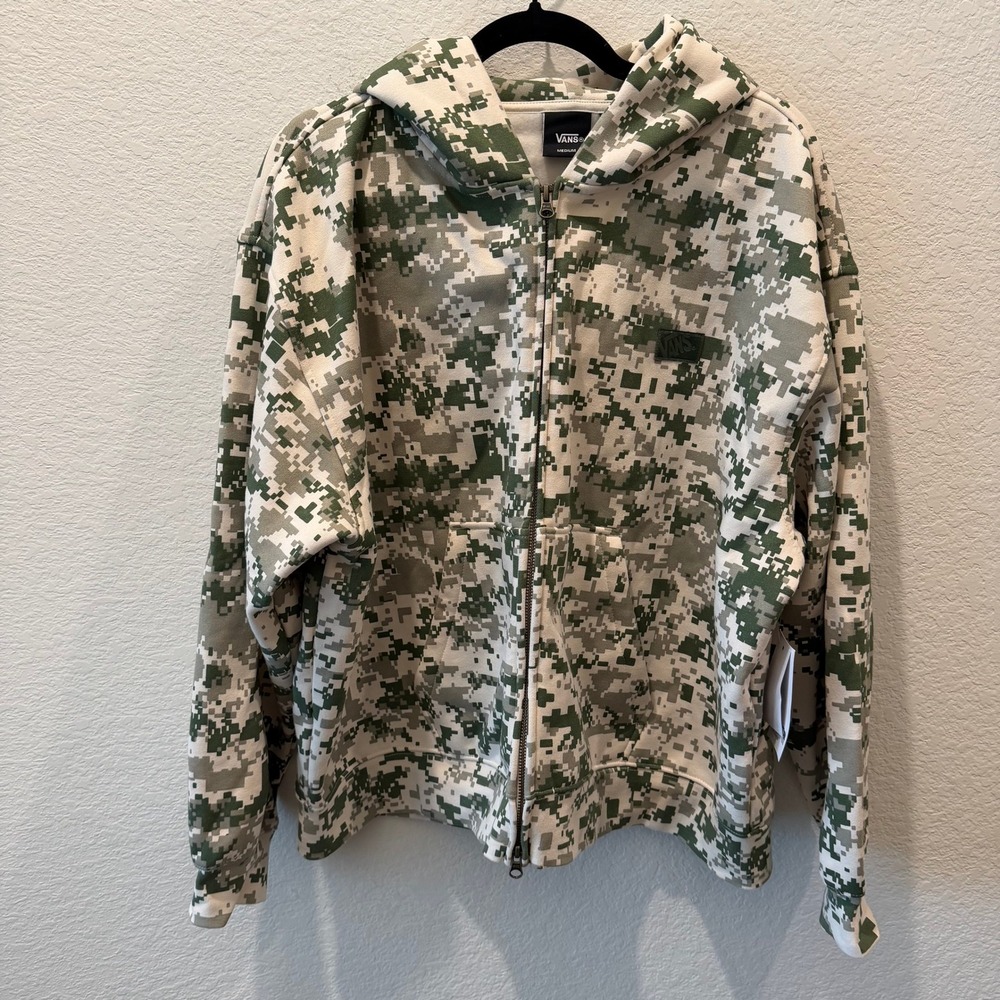 Vans Mens Digital Camo Full Zip Hoodie Green Cream Fleece Sweatshirt Medium NWT